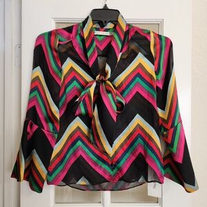 Alice+Olivia Merideth Chevron Pussybow Silk Blend Blouse XS Multicolor SEE DESC